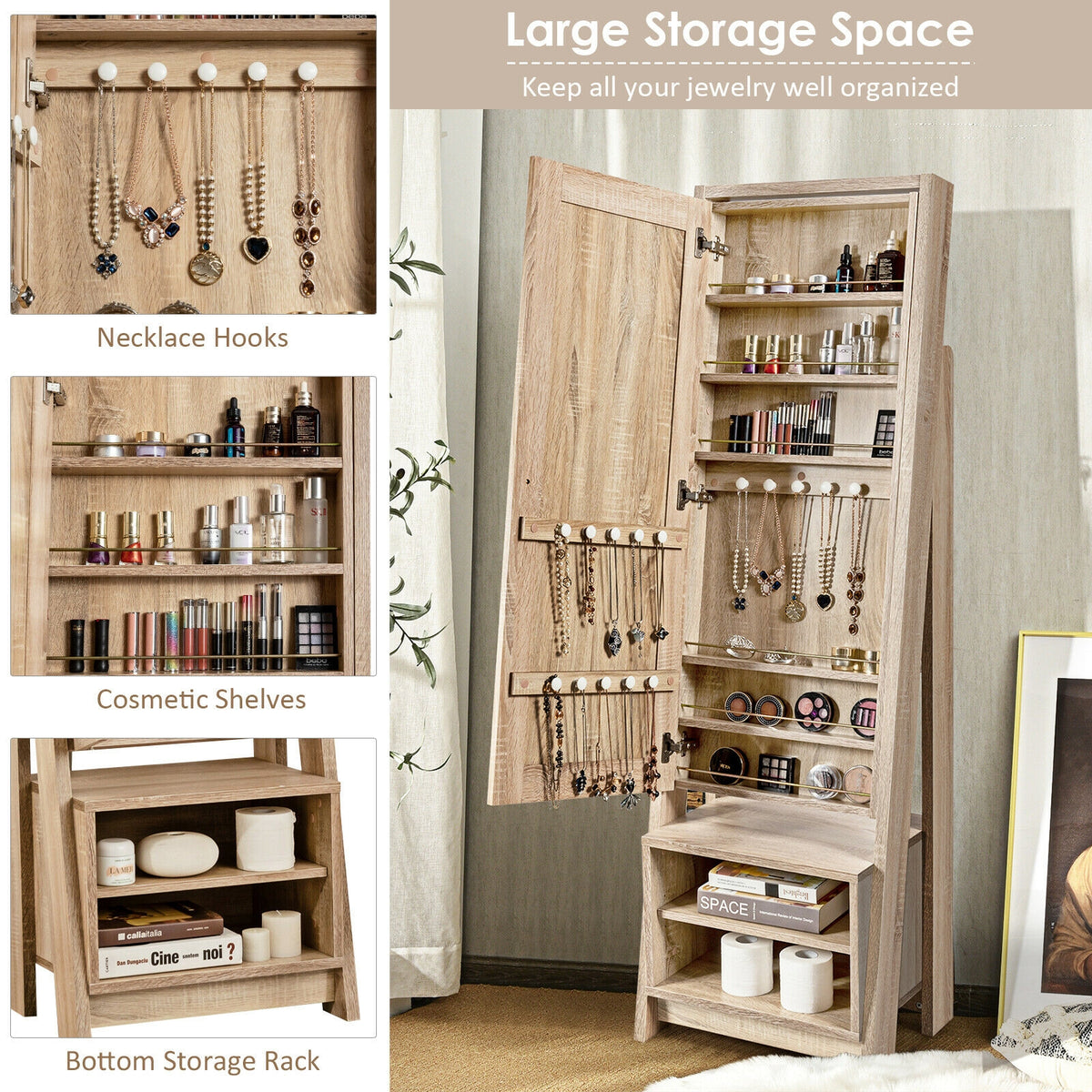 2-in-1 Wooden Cosmetics Storage Cabinet with Full-Length Mirror and Bottom Rack-Jewelry Armoires-DECOROLALA