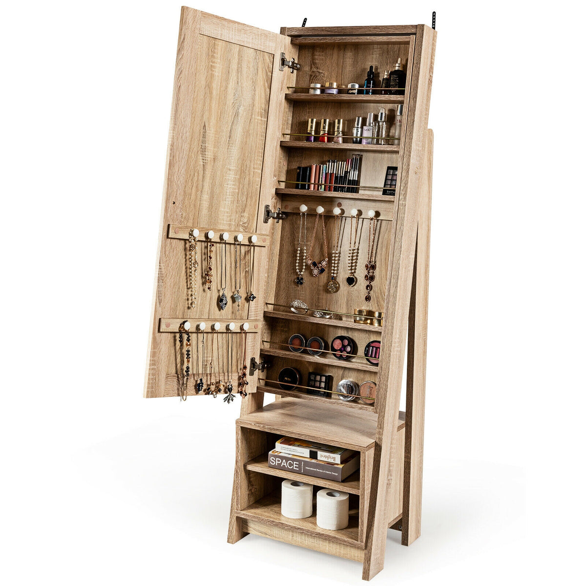 2-in-1 Wooden Cosmetics Storage Cabinet with Full-Length Mirror and Bottom Rack-Jewelry Armoires-DECOROLALA