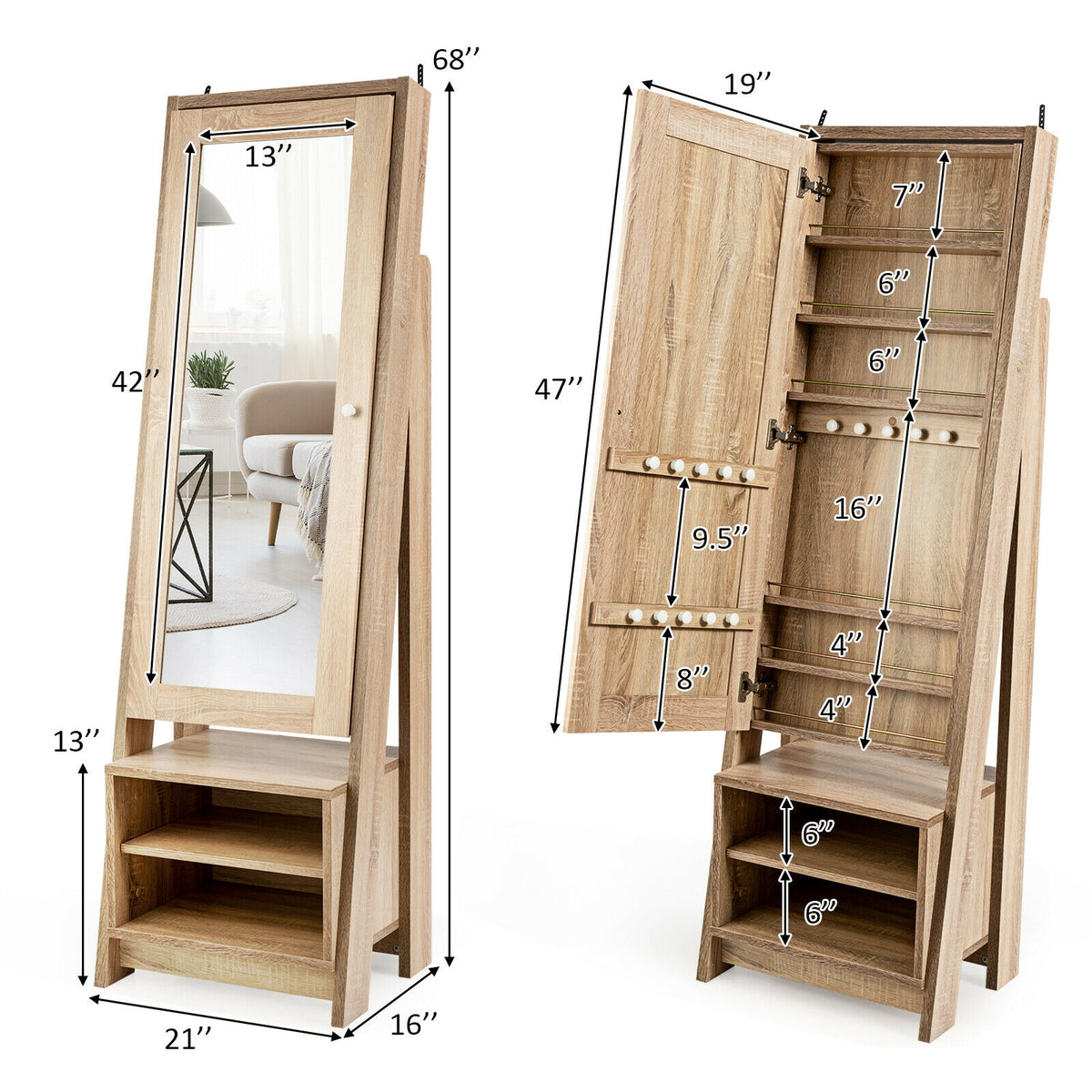 2-in-1 Wooden Cosmetics Storage Cabinet with Full-Length Mirror and Bottom Rack-Jewelry Armoires-DECOROLALA