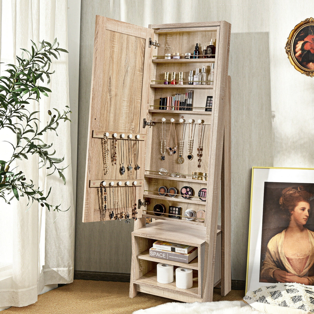 2-in-1 Wooden Cosmetics Storage Cabinet with Full-Length Mirror and Bottom Rack-Jewelry Armoires-DECOROLALA