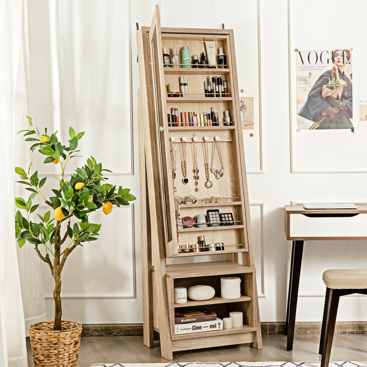 2-in-1 Wooden Cosmetics Storage Cabinet with Full-Length Mirror and Bottom Rack-Jewelry Armoires-DECOROLALA