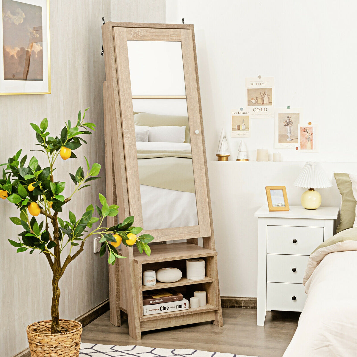 2-in-1 Wooden Cosmetics Storage Cabinet with Full-Length Mirror and Bottom Rack-Jewelry Armoires-DECOROLALA