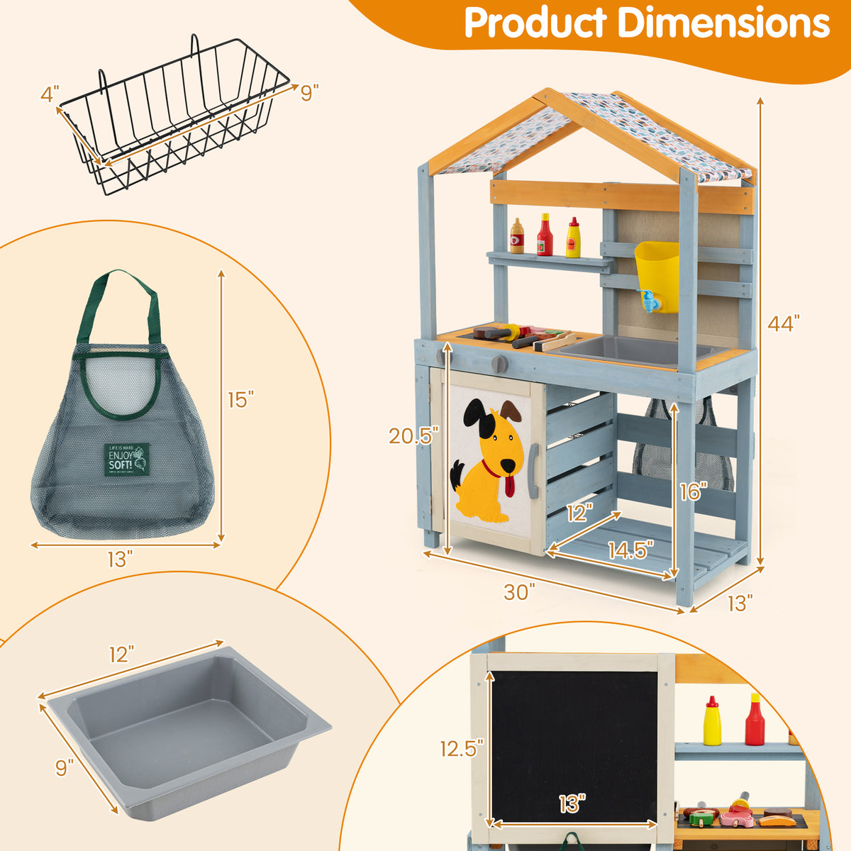 2 in 1 Wooden Mud Kitchen with Removable Water Box  and Storage Bag-Gray