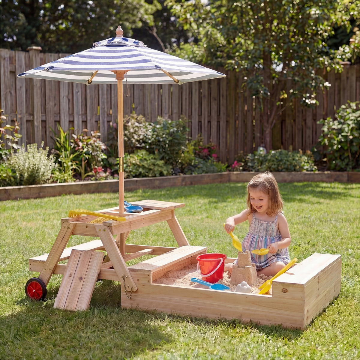 Wooden Sandbox & Picnic Table with Umbrella - Blue