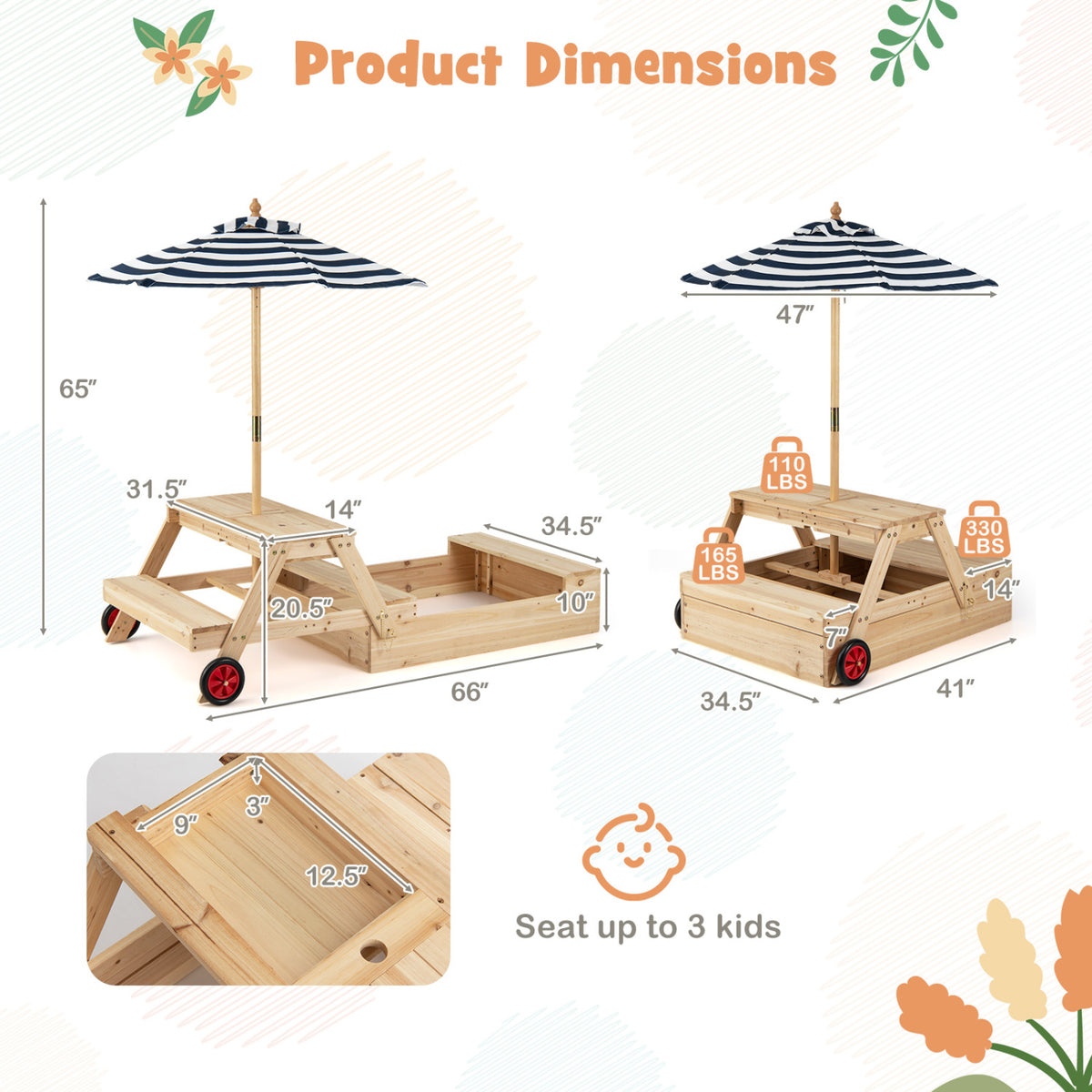 Wooden Sandbox & Picnic Table with Umbrella - Blue