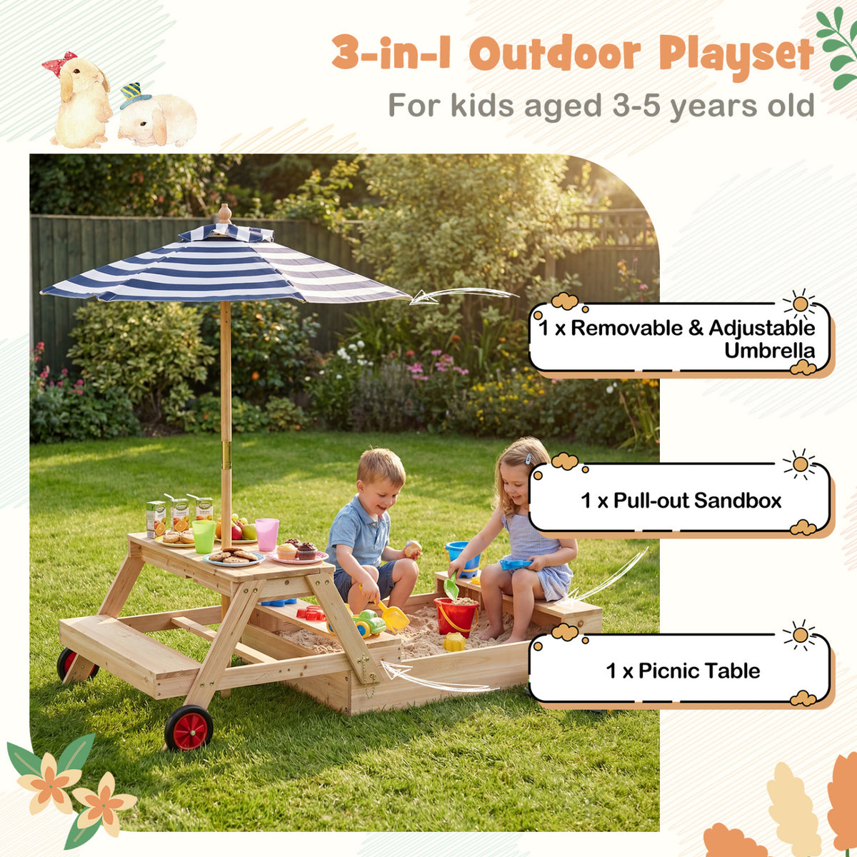 Wooden Sandbox & Picnic Table with Umbrella - Blue
