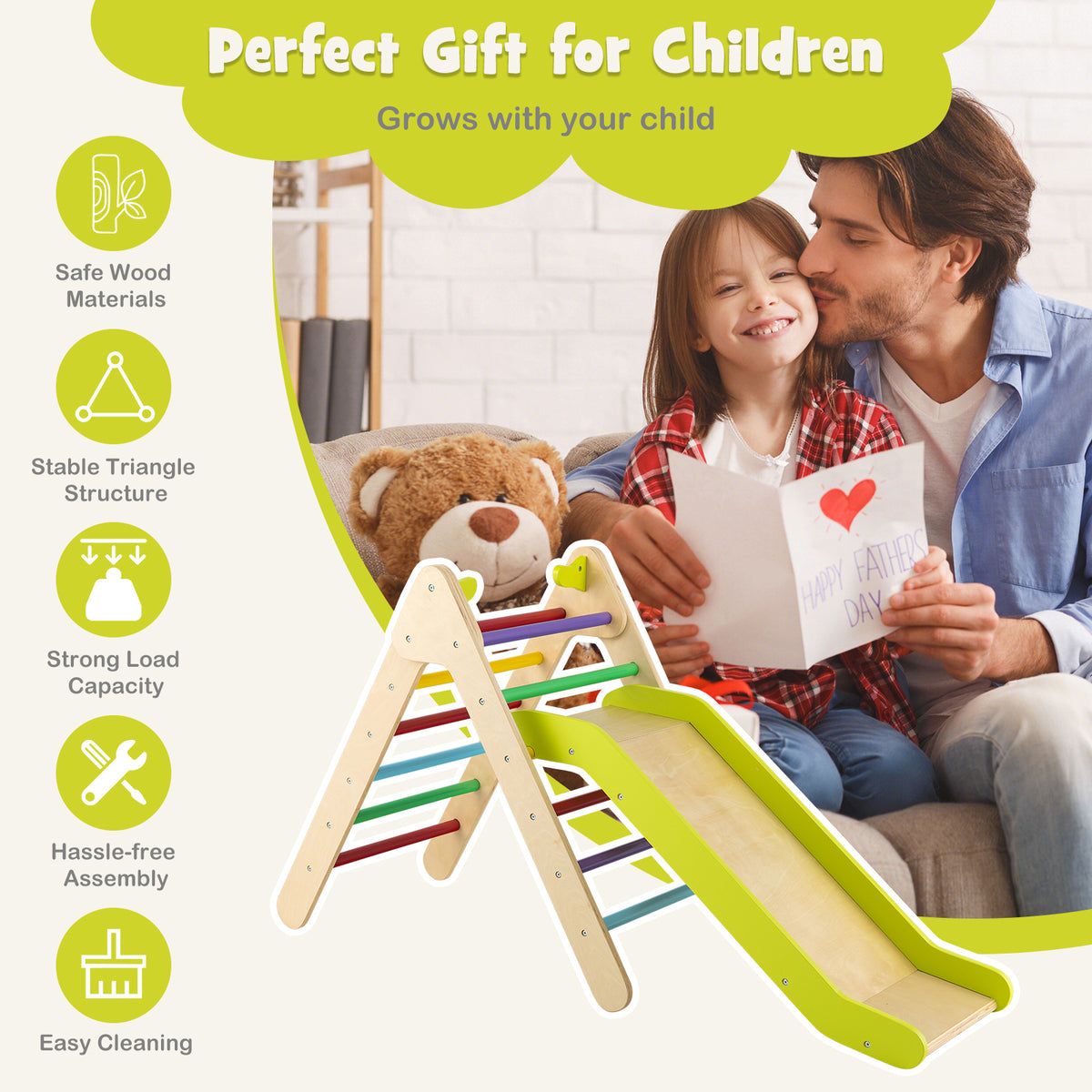 2-in-1 Wooden Triangle Climber Set with Gradient Adjustable Slide