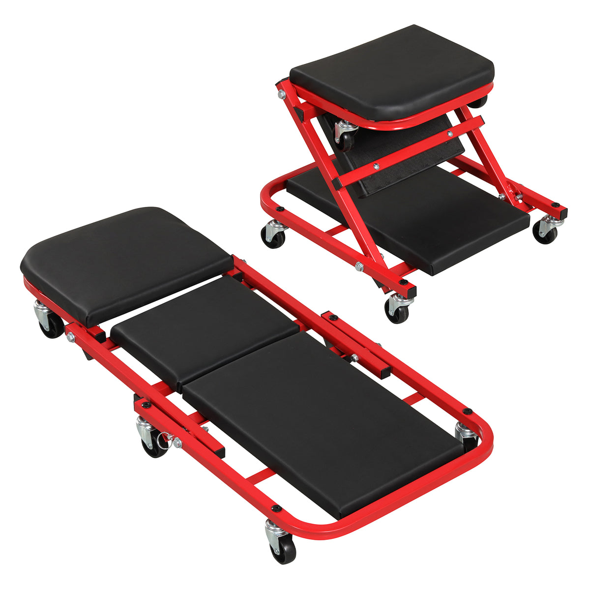 2-in-1 Z-Shaped Rolling Garage Stool 36" Folding Flat Automotive Creeper-Red-Garages-DECOROLALA