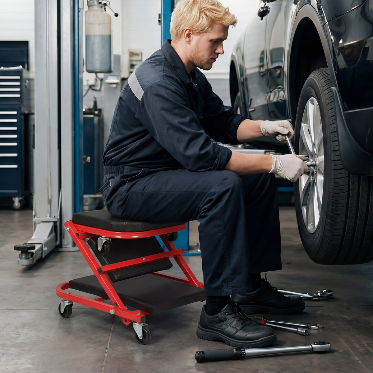 2-in-1 Z-Shaped Rolling Garage Stool 36" Folding Flat Automotive Creeper-Red-Garages-DECOROLALA