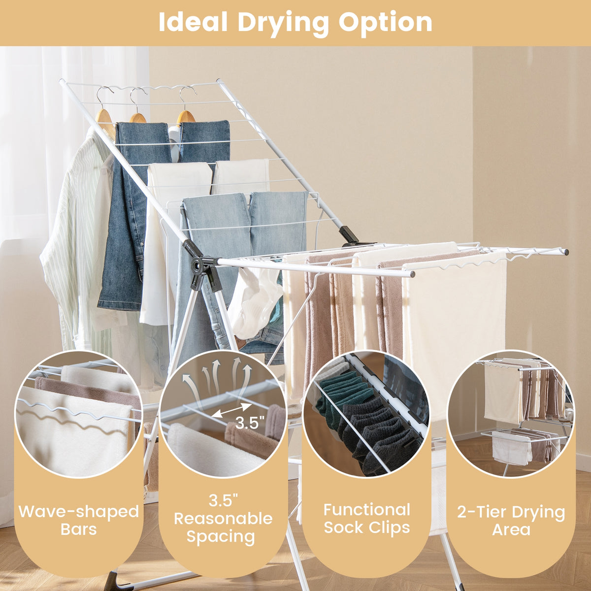 2-level Laundry Drying Rack with Height Adjustable Wings-Laundry Drying Racks-DECOROLALA