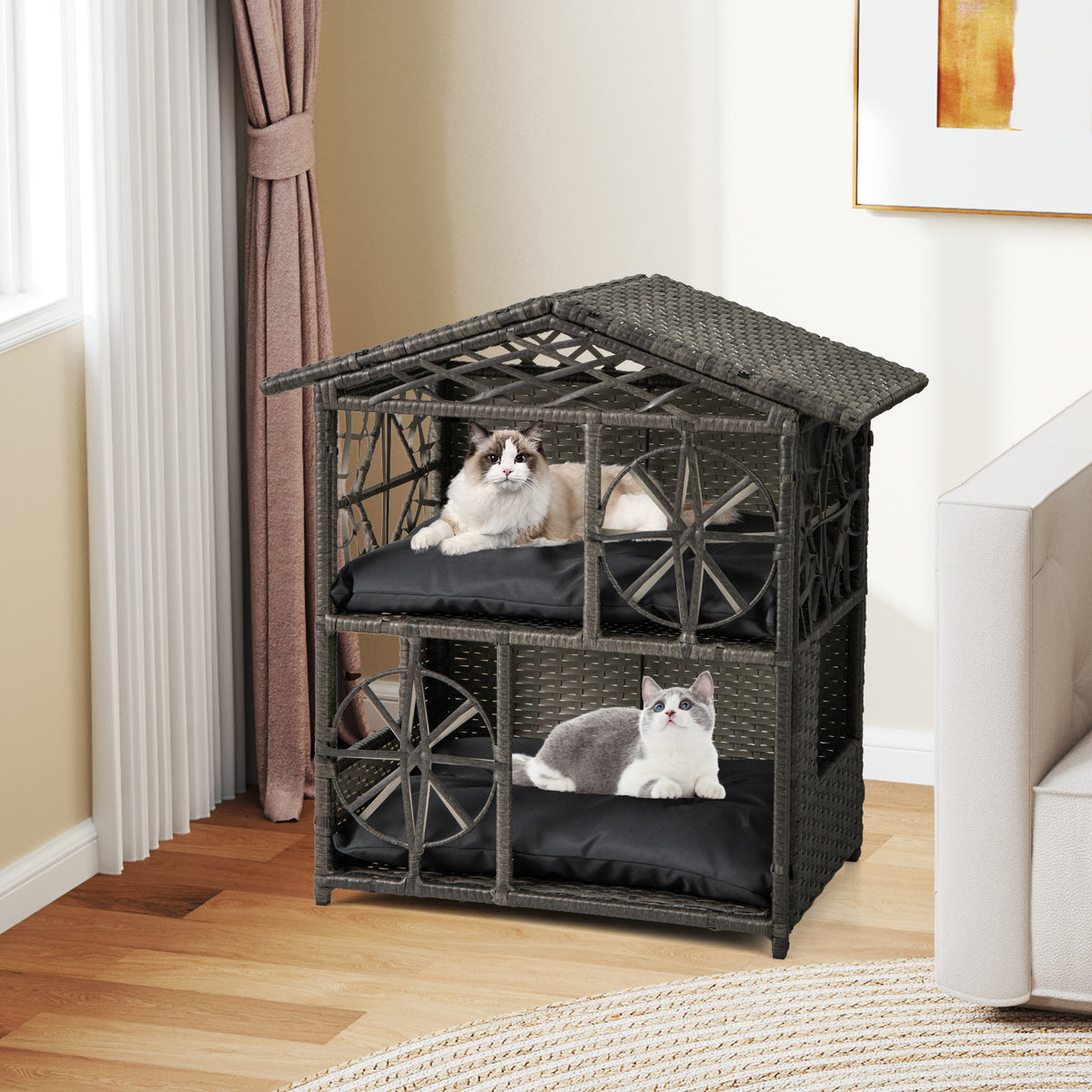 2-storey Wicker Cat House Rattan Kitten Condo Enclosure with Removable Cushions-Gray-Cat Houses-DECOROLALA