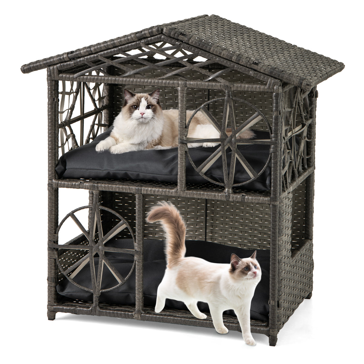 2-storey Wicker Cat House Rattan Kitten Condo Enclosure with Removable Cushions-Gray-Cat Houses-DECOROLALA
