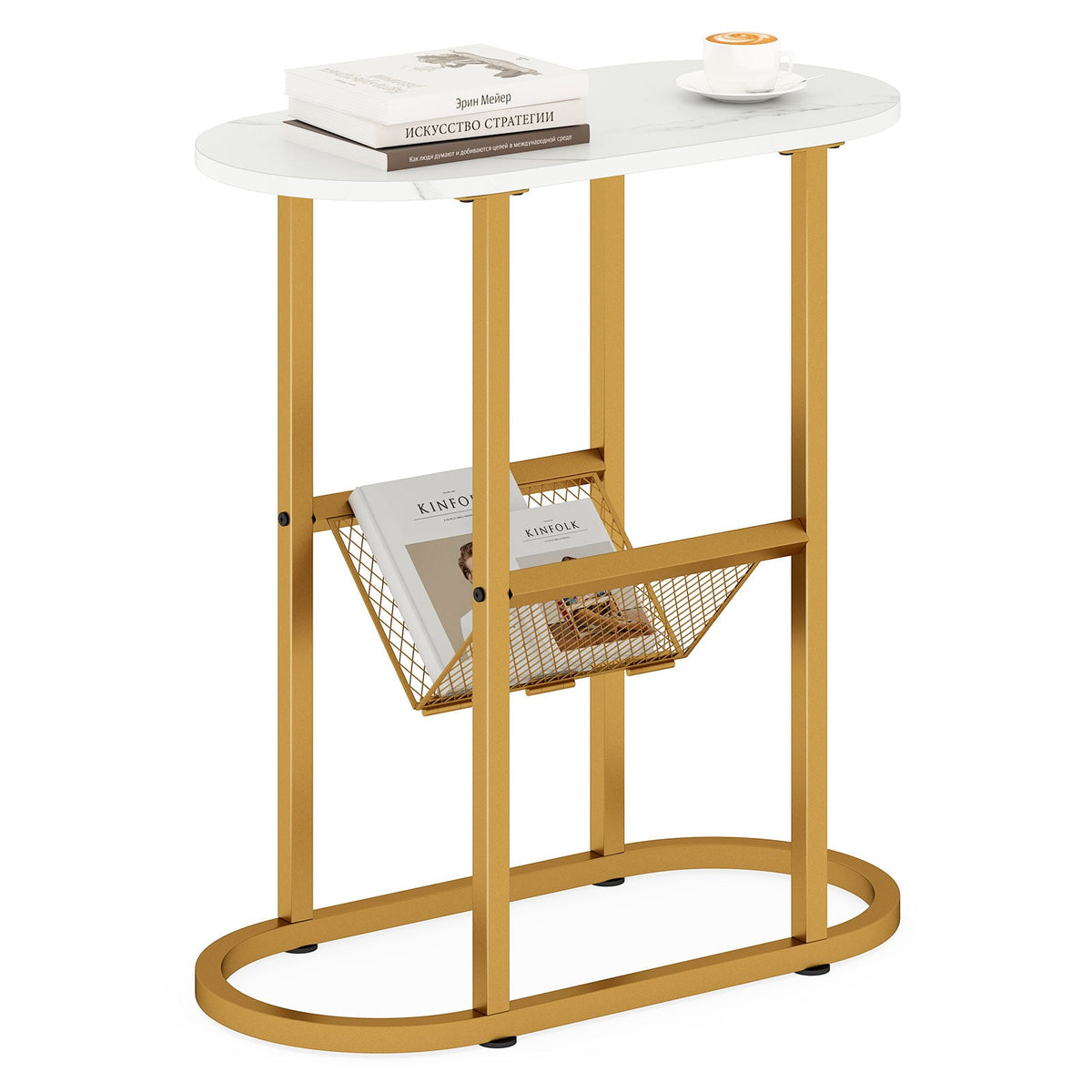 2-tier Industrial Oval Side Table with Mesh Shelf-White-End & Side Tables-DECOROLALA