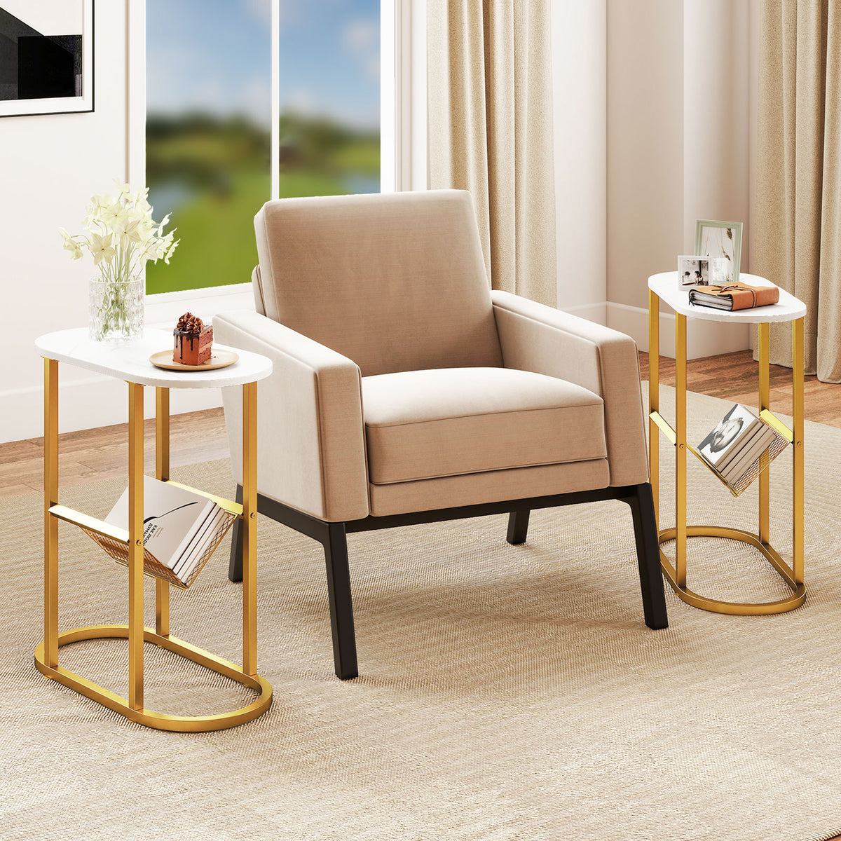 2-tier Industrial Oval Side Table with Mesh Shelf-White-End & Side Tables-DECOROLALA