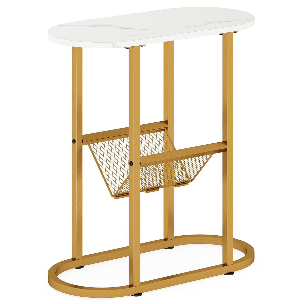 2-tier Industrial Oval Side Table with Mesh Shelf-White-End & Side Tables-DECOROLALA