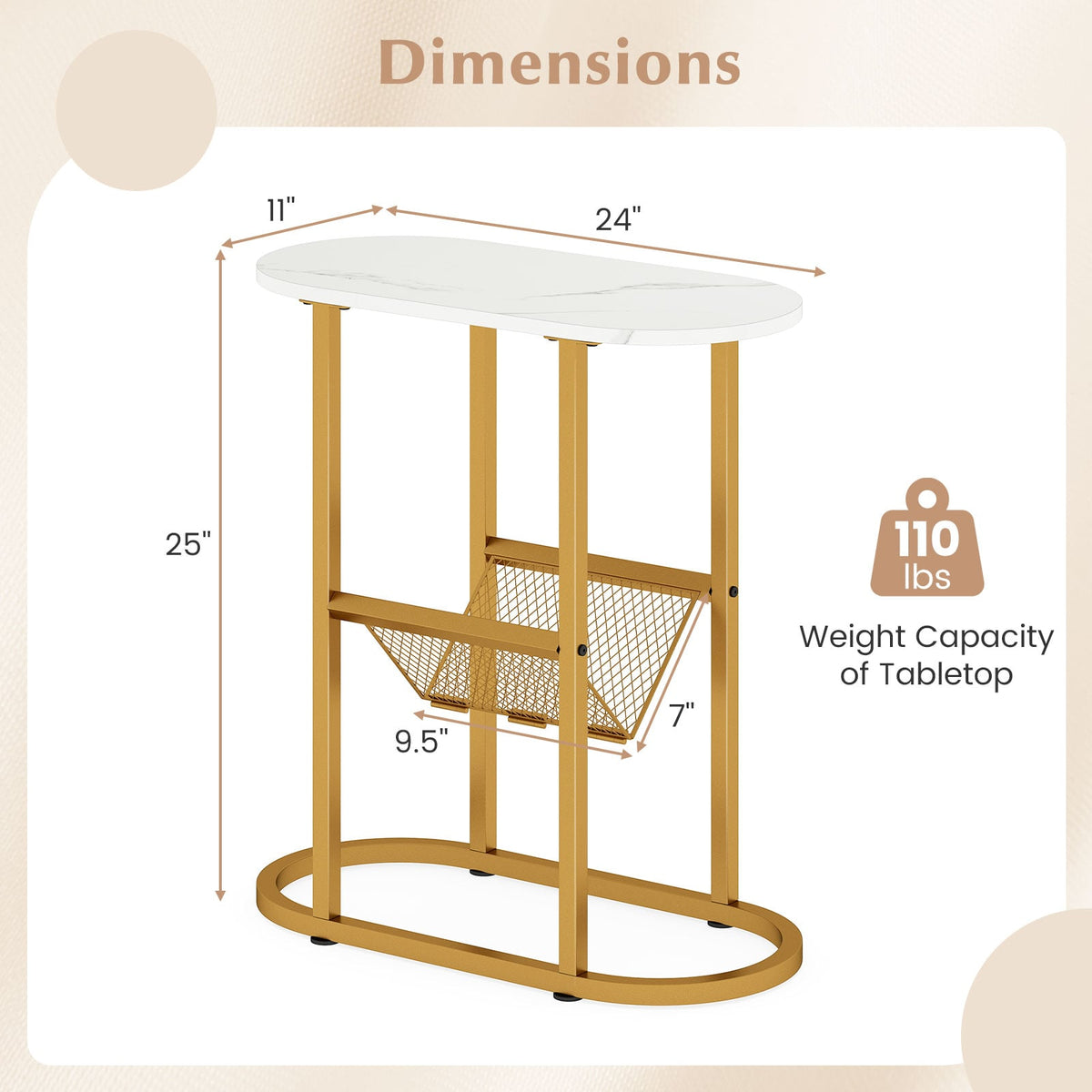 2-tier Industrial Oval Side Table with Mesh Shelf-White-End & Side Tables-DECOROLALA