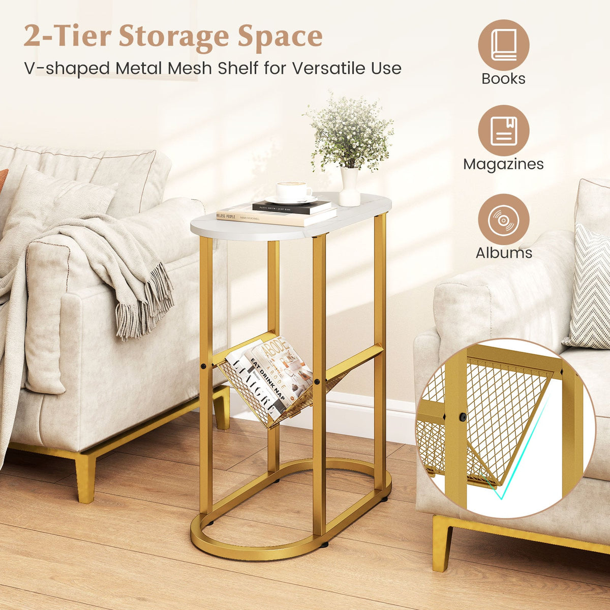 2-tier Industrial Oval Side Table with Mesh Shelf-White-End & Side Tables-DECOROLALA