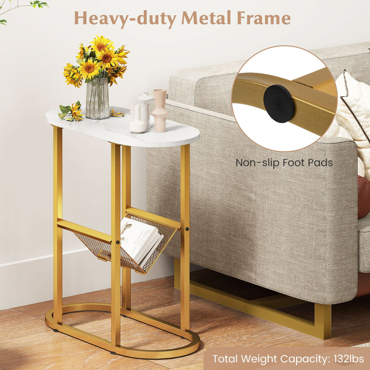 2-tier Industrial Oval Side Table with Mesh Shelf-White-End & Side Tables-DECOROLALA