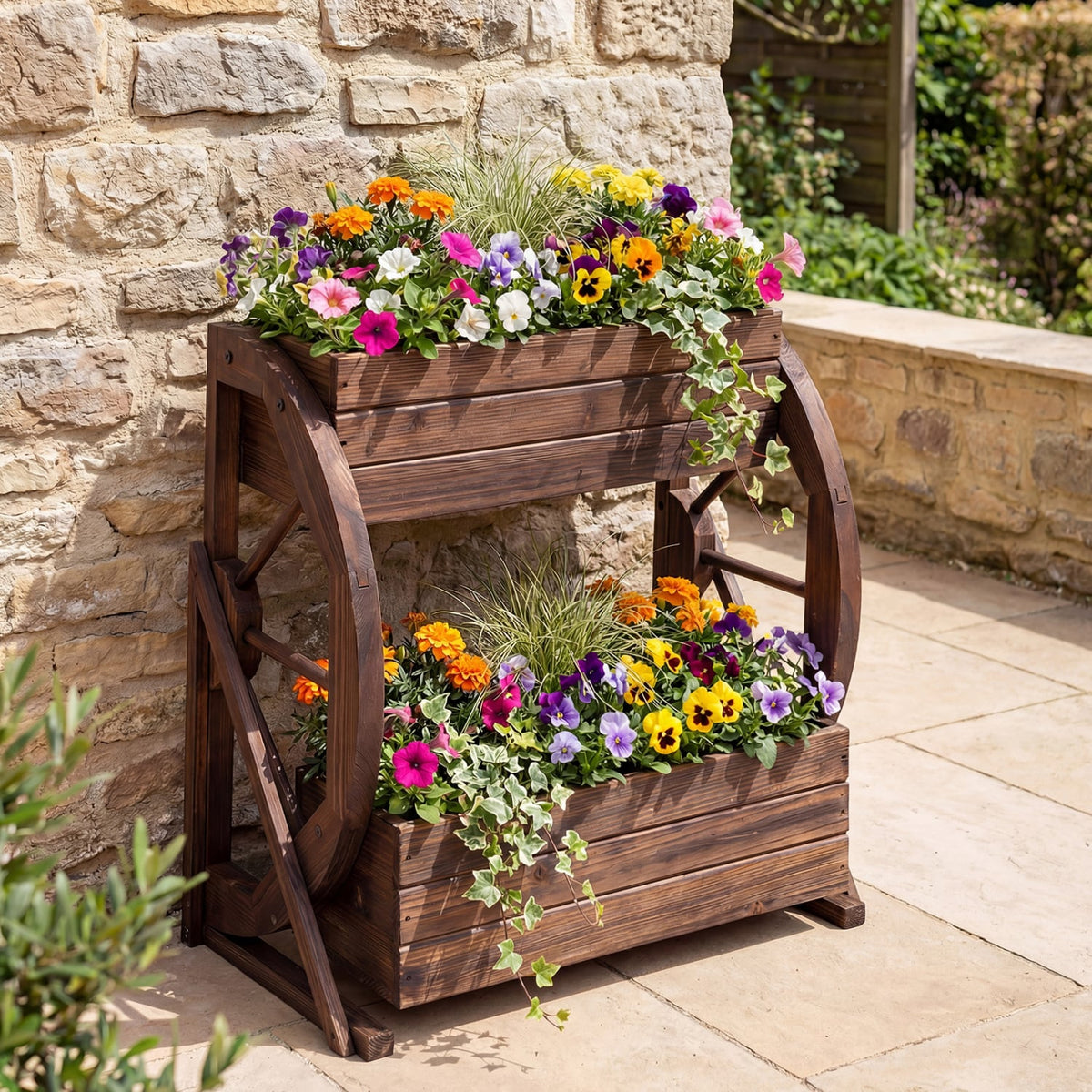 2-tier Raised Garden Bed Rustic Wood Wagon Planter with Drainage Holes and Semi-wheels-Coffee-Raised Garden Beds-DECOROLALA