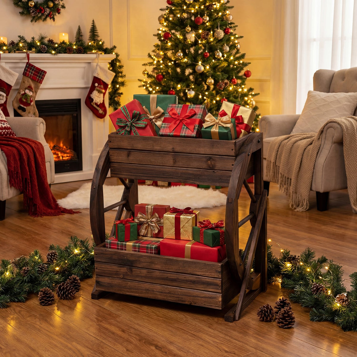 2-tier Raised Garden Bed Rustic Wood Wagon Planter with Drainage Holes and Semi-wheels-Coffee-Raised Garden Beds-DECOROLALA