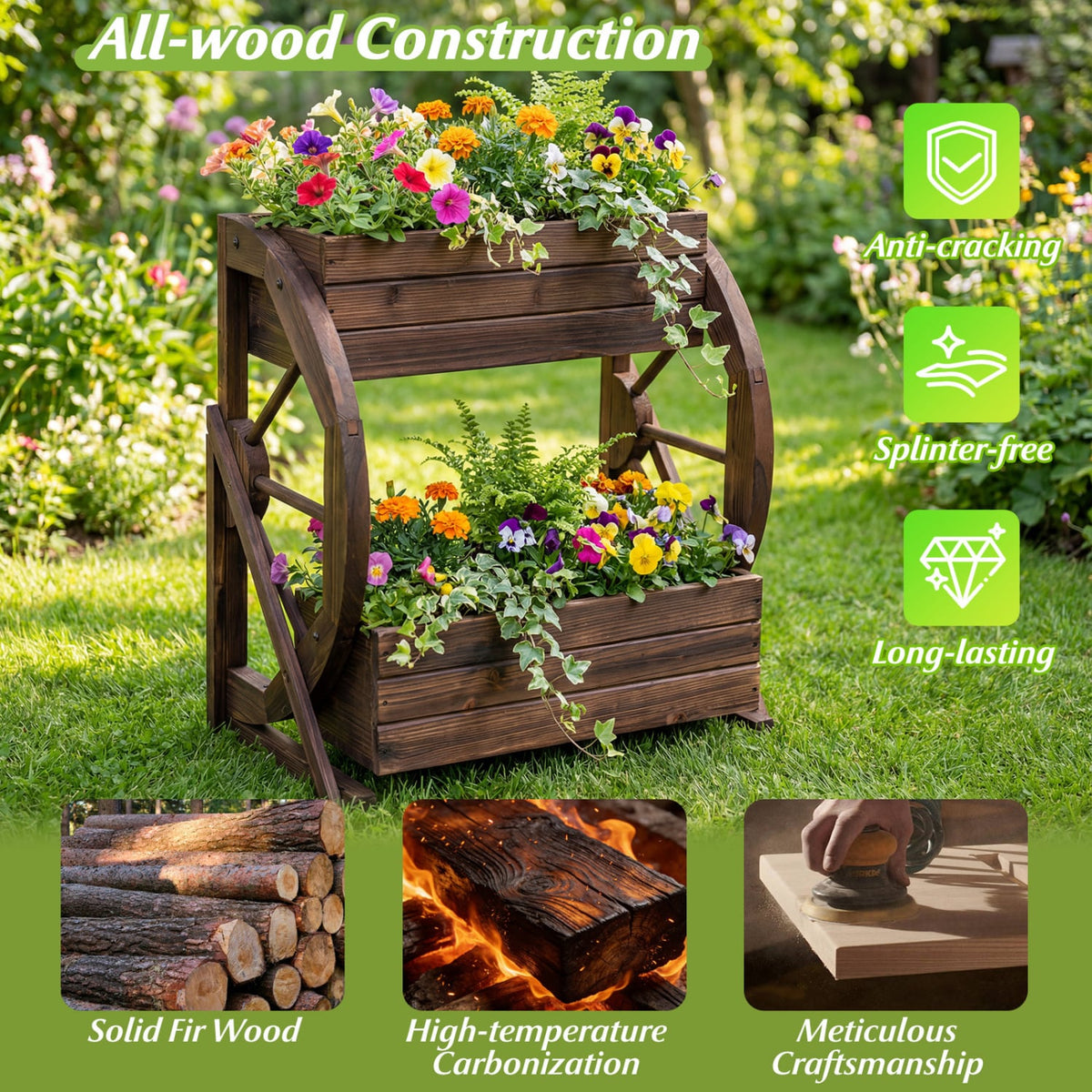 2-tier Raised Garden Bed Rustic Wood Wagon Planter with Drainage Holes and Semi-wheels-Coffee-Raised Garden Beds-DECOROLALA