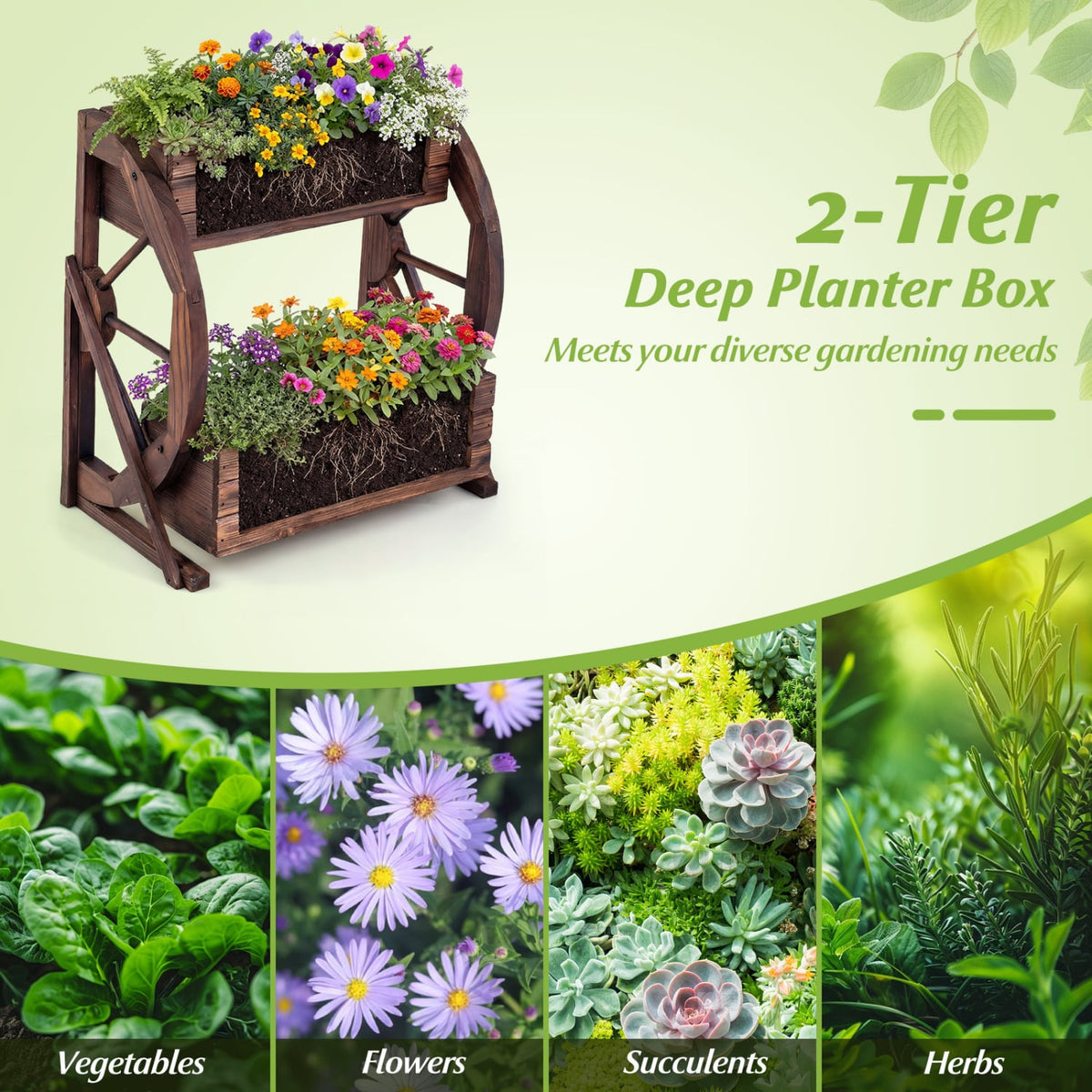 2-tier Raised Garden Bed Rustic Wood Wagon Planter with Drainage Holes and Semi-wheels-Coffee-Raised Garden Beds-DECOROLALA
