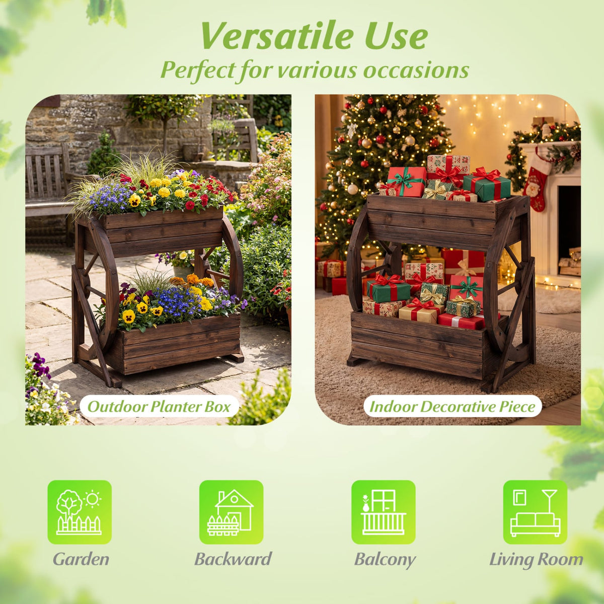 2-tier Raised Garden Bed Rustic Wood Wagon Planter with Drainage Holes and Semi-wheels-Coffee-Raised Garden Beds-DECOROLALA
