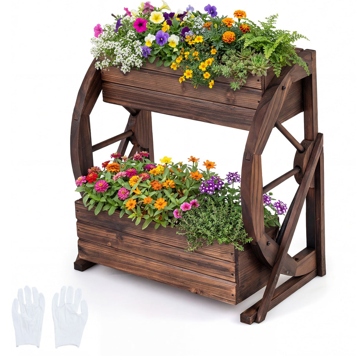2-tier Raised Garden Bed Rustic Wood Wagon Planter with Drainage Holes and Semi-wheels-Coffee-Raised Garden Beds-DECOROLALA