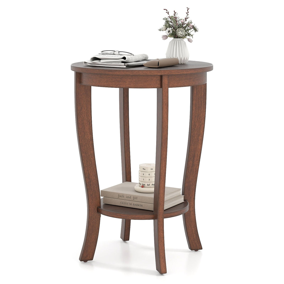 2-tier Round End Table with Solid Wood Legs-Brown-End & Side Tables-DECOROLALA