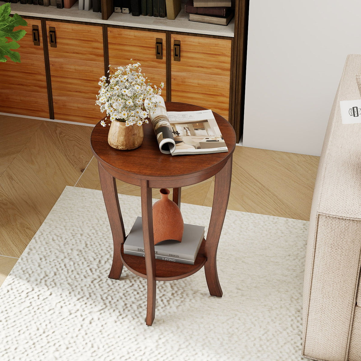 2-tier Round End Table with Solid Wood Legs-Brown-End & Side Tables-DECOROLALA