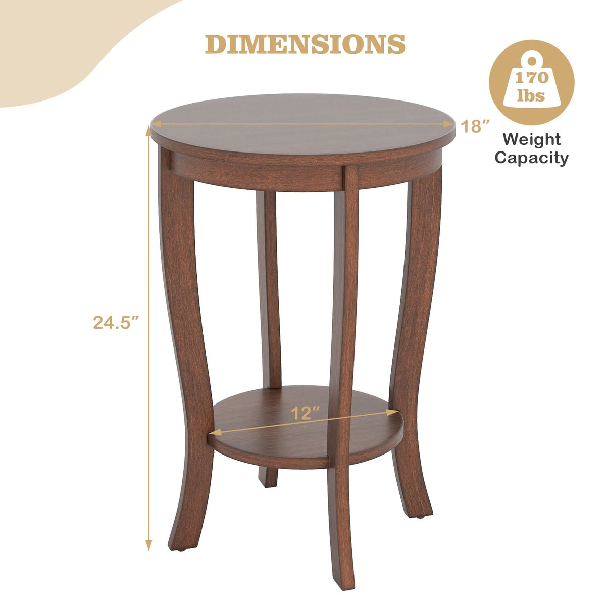 2-tier Round End Table with Solid Wood Legs-Brown-End & Side Tables-DECOROLALA