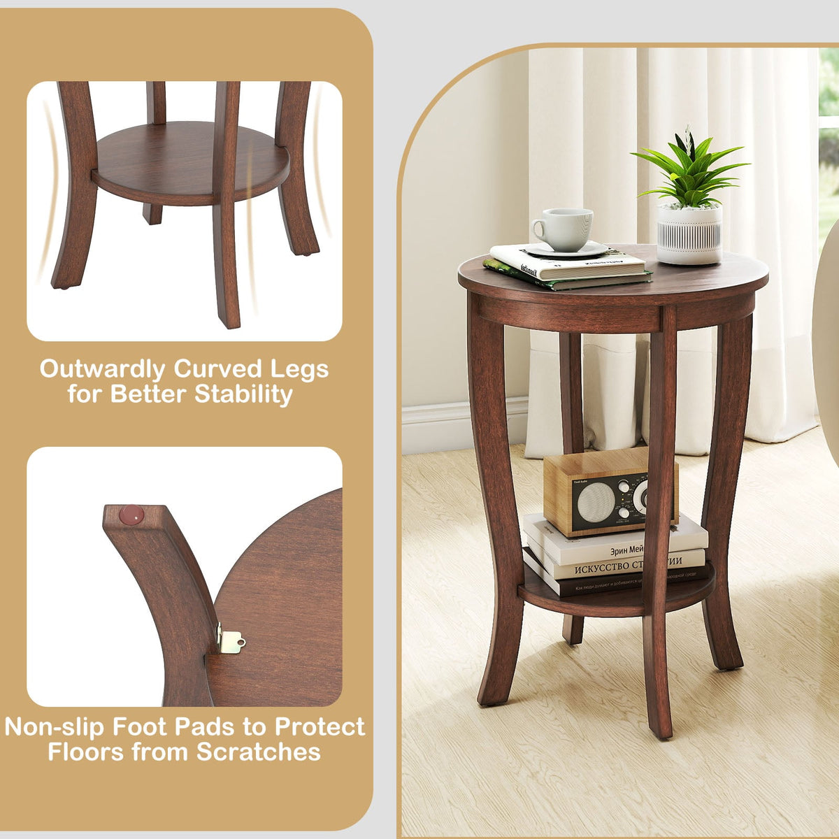 2-tier Round End Table with Solid Wood Legs-Brown-End & Side Tables-DECOROLALA