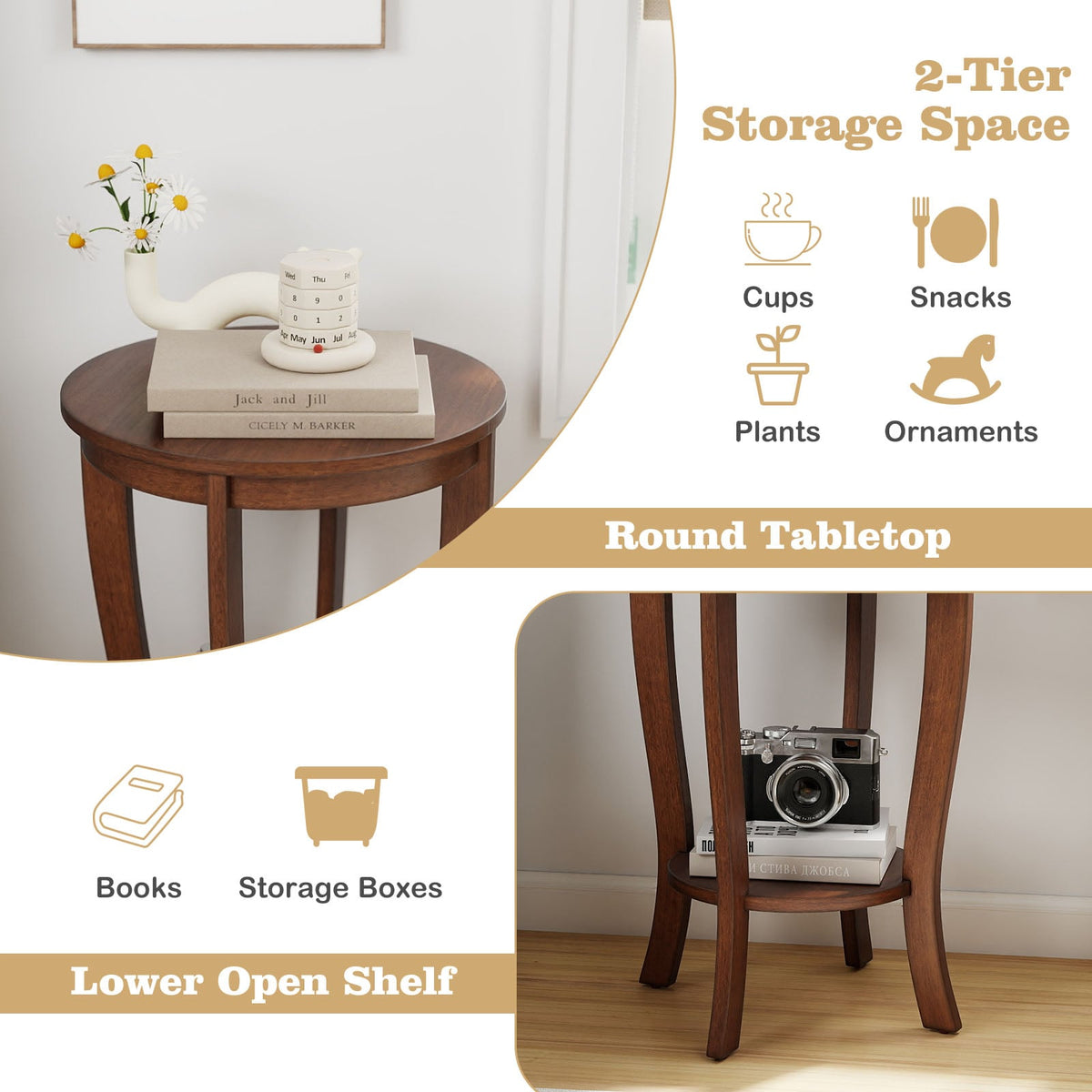 2-tier Round End Table with Solid Wood Legs-Brown-End & Side Tables-DECOROLALA