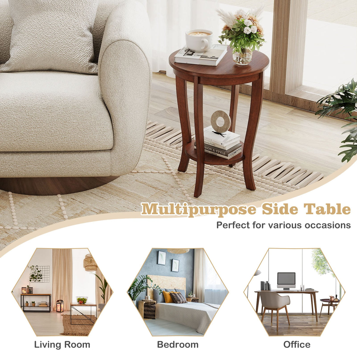 2-tier Round End Table with Solid Wood Legs-Brown-End & Side Tables-DECOROLALA