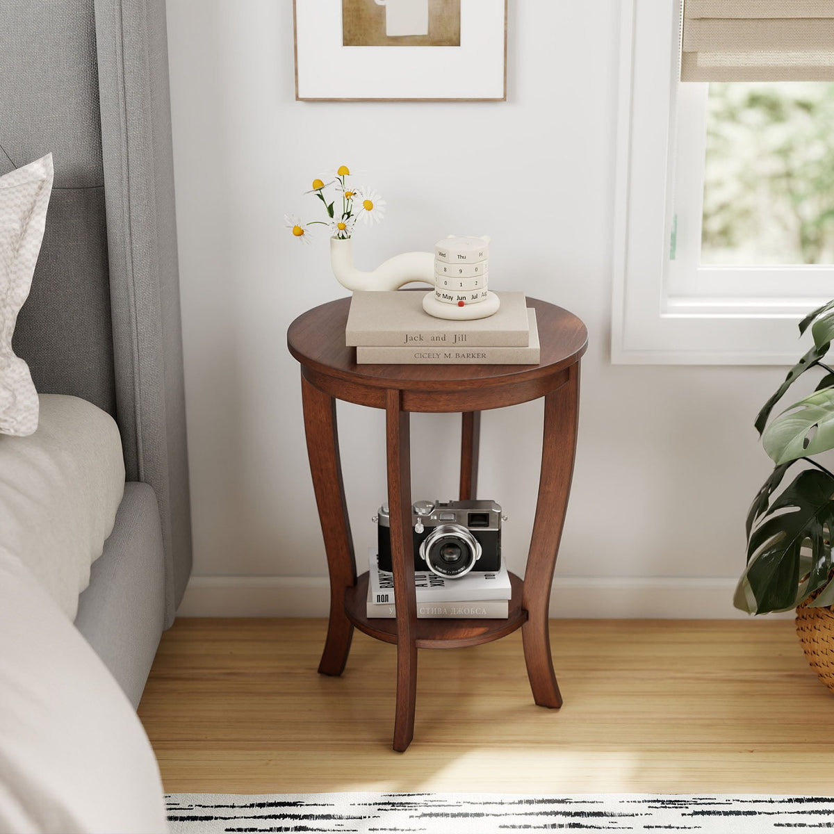 2-tier Round End Table with Solid Wood Legs-Brown-End & Side Tables-DECOROLALA