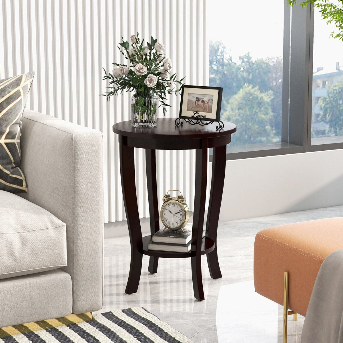 2-tier Round End Table with Solid Wood Legs-Espresso-End & Side Tables-DECOROLALA