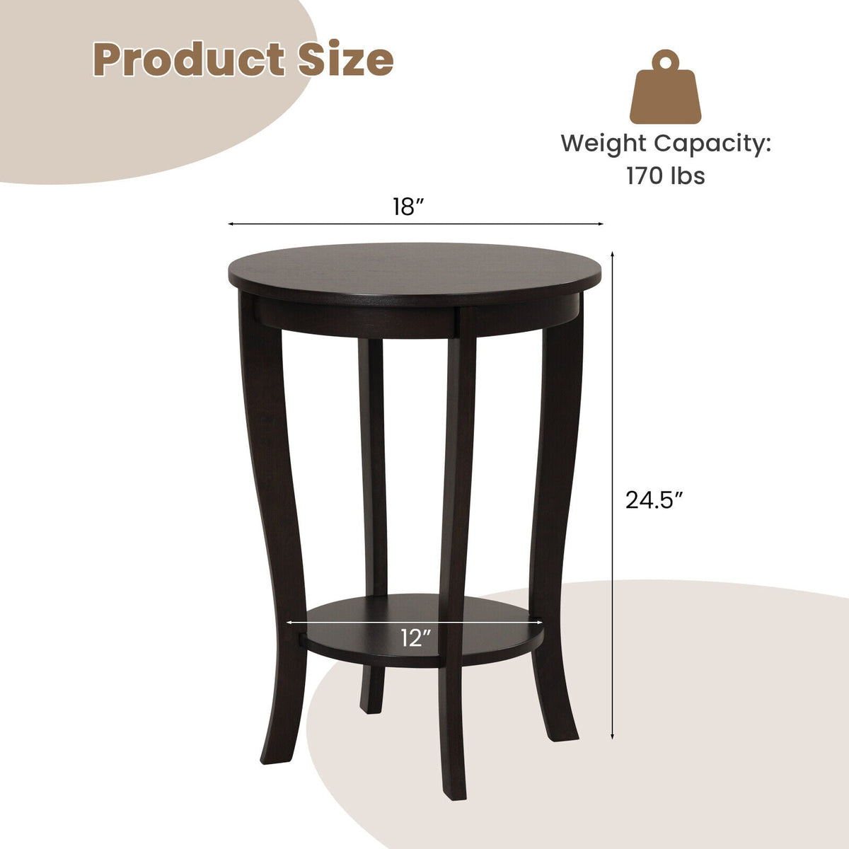 2-tier Round End Table with Solid Wood Legs-Espresso-End & Side Tables-DECOROLALA