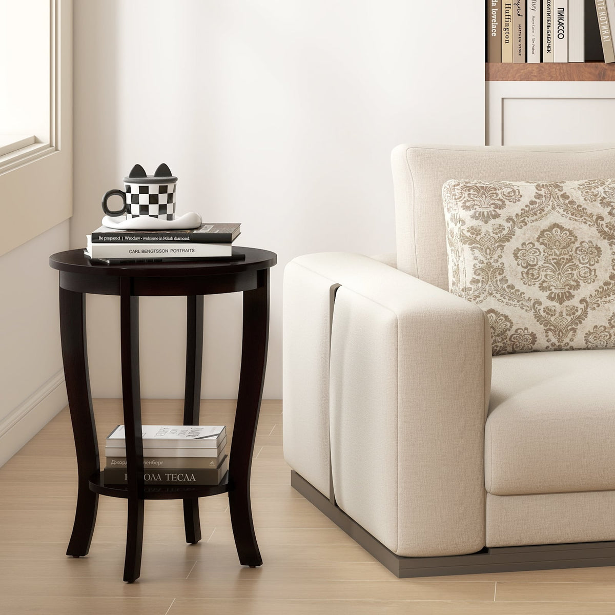 2-tier Round End Table with Solid Wood Legs-Espresso-End & Side Tables-DECOROLALA