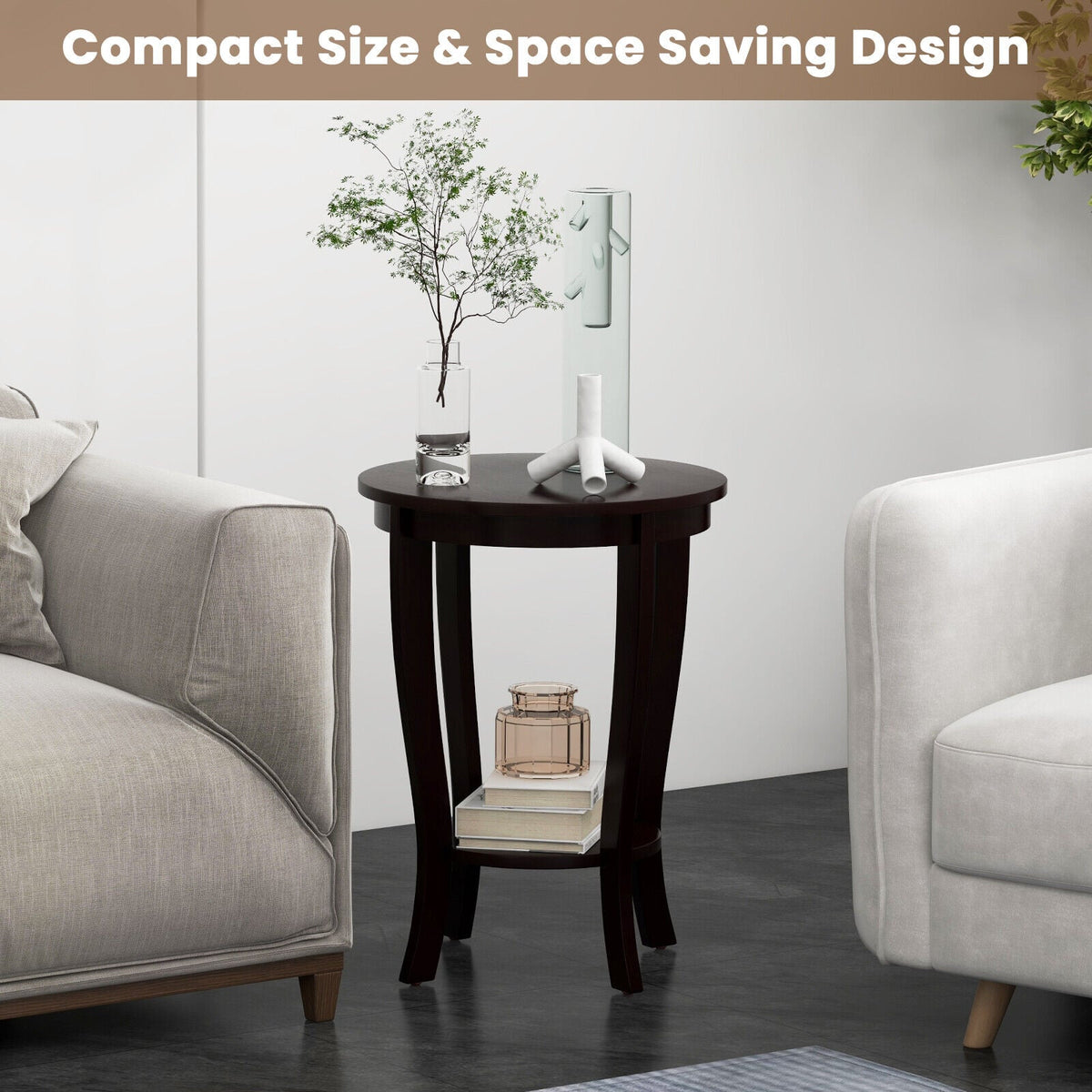 2-tier Round End Table with Solid Wood Legs-Espresso-End & Side Tables-DECOROLALA