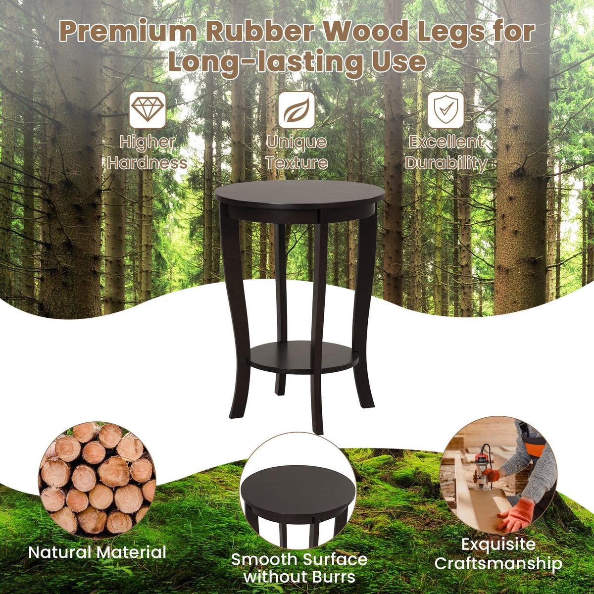 2-tier Round End Table with Solid Wood Legs-Espresso-End & Side Tables-DECOROLALA