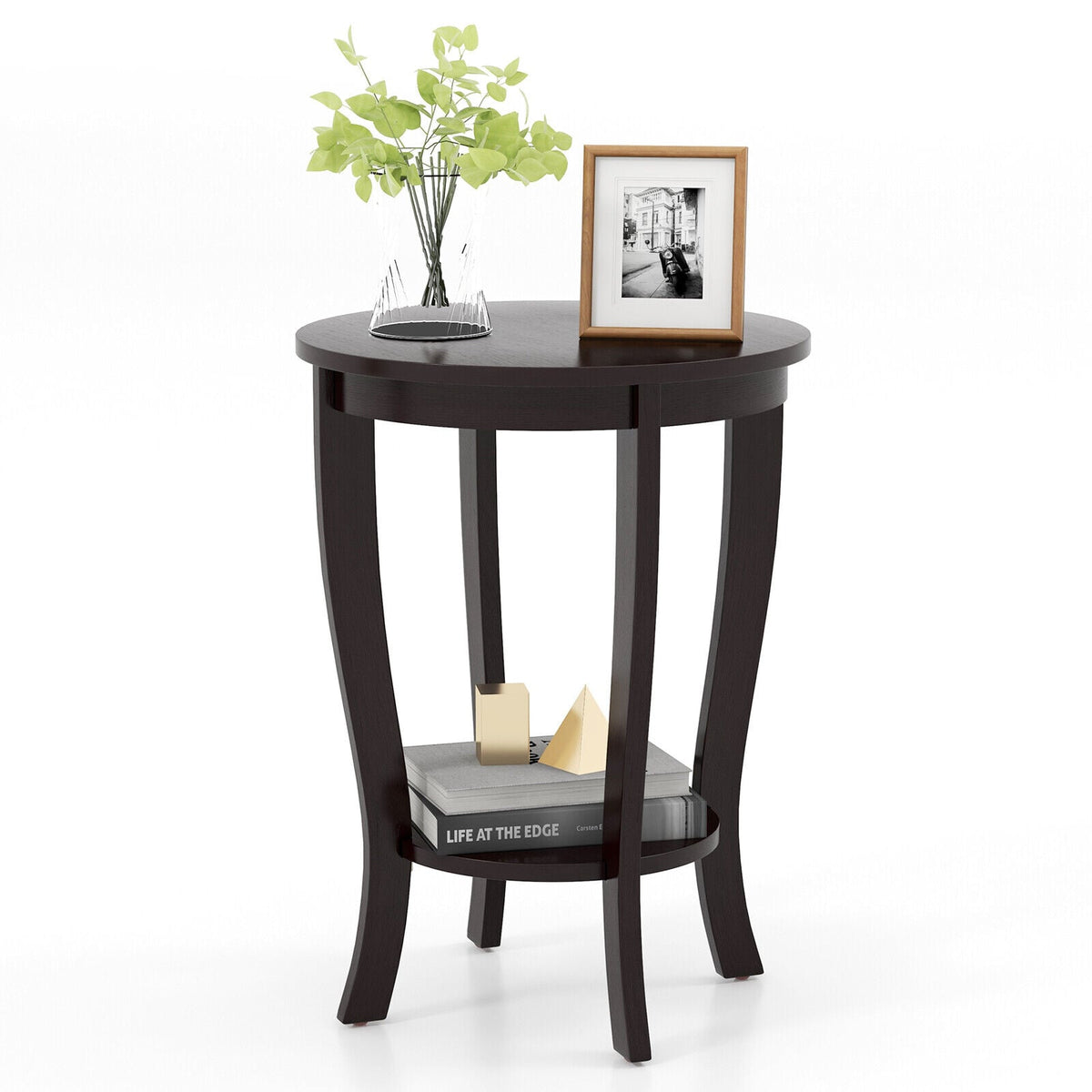 2-tier Round End Table with Solid Wood Legs-Espresso-End & Side Tables-DECOROLALA