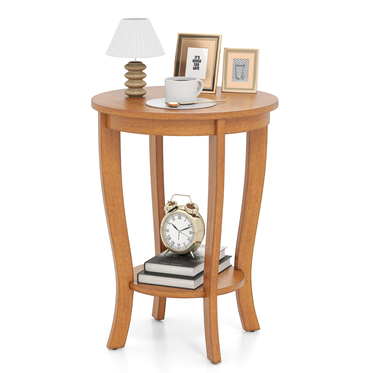2-tier Round End Table with Solid Wood Legs-Natural-End & Side Tables-DECOROLALA