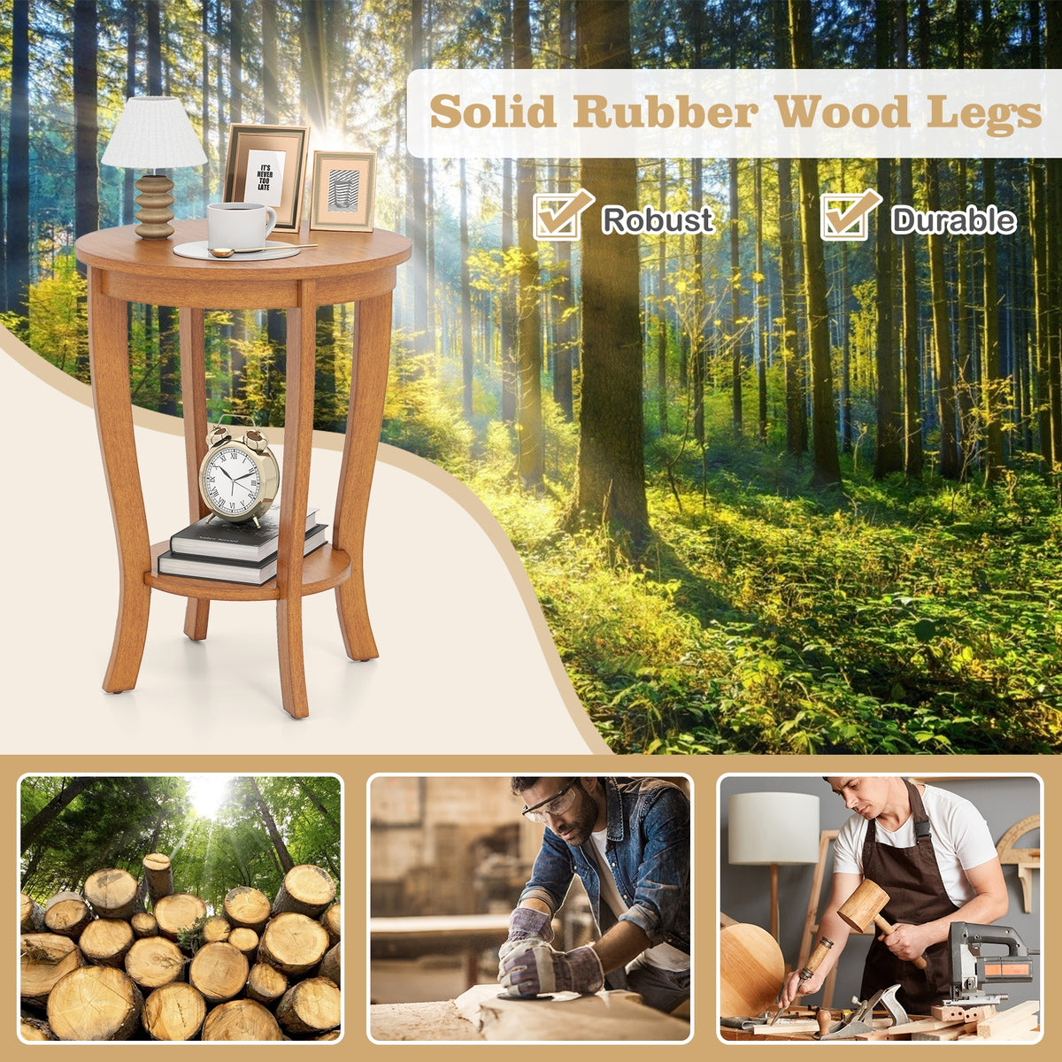 2-tier Round End Table with Solid Wood Legs-Natural-End & Side Tables-DECOROLALA