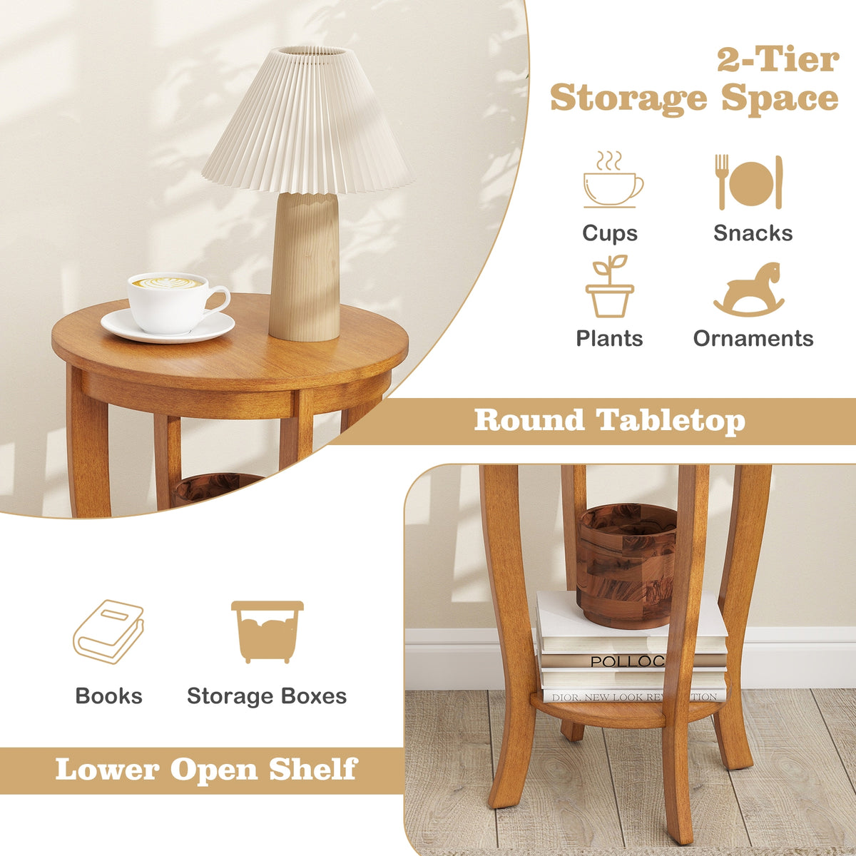 2-tier Round End Table with Solid Wood Legs-Natural-End & Side Tables-DECOROLALA