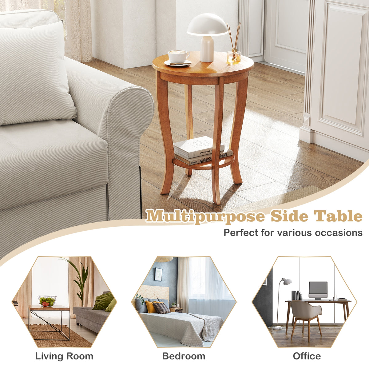 2-tier Round End Table with Solid Wood Legs-Natural-End & Side Tables-DECOROLALA