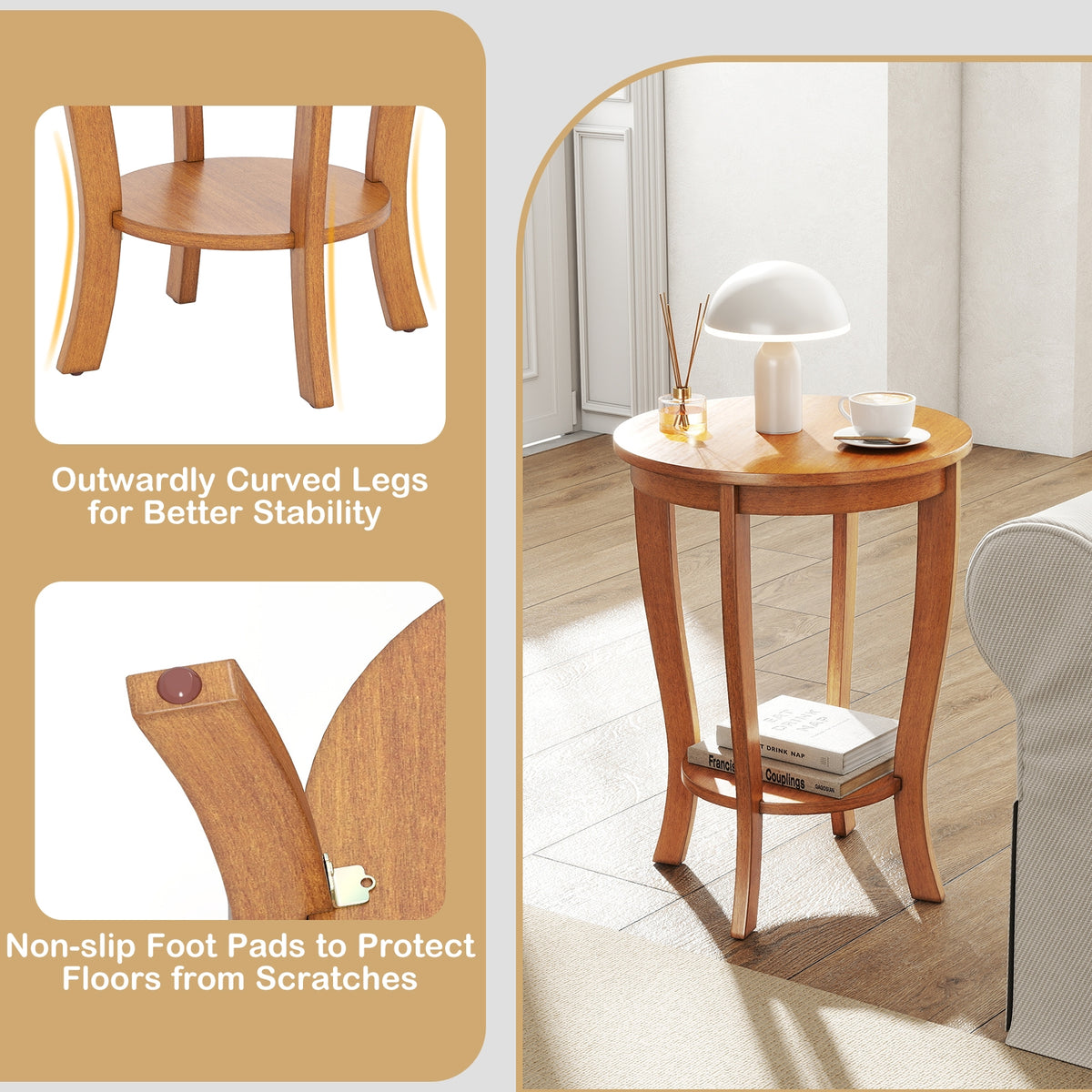 2-tier Round End Table with Solid Wood Legs-Natural-End & Side Tables-DECOROLALA