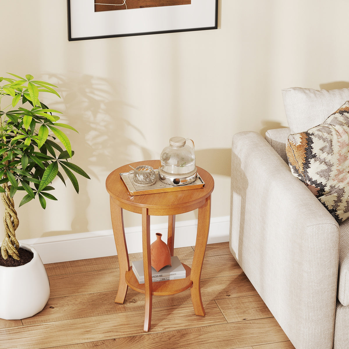 2-tier Round End Table with Solid Wood Legs-Natural-End & Side Tables-DECOROLALA