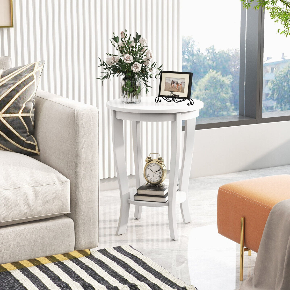 2-tier Round End Table with Solid Wood Legs-White-End & Side Tables-DECOROLALA