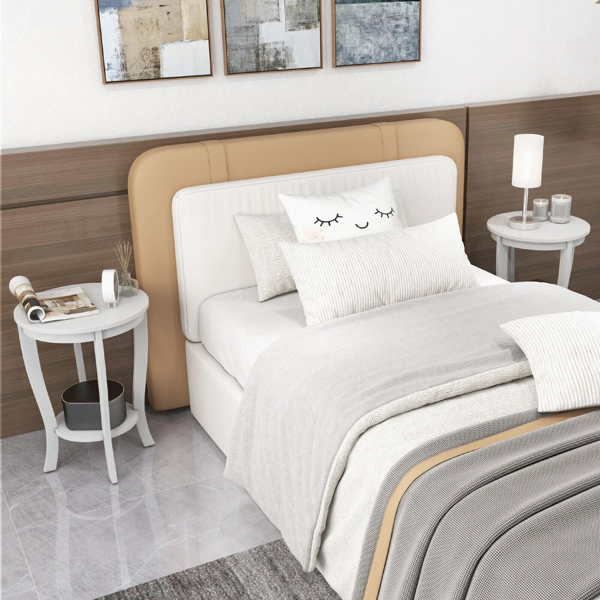 2-tier Round End Table with Solid Wood Legs-White-End & Side Tables-DECOROLALA