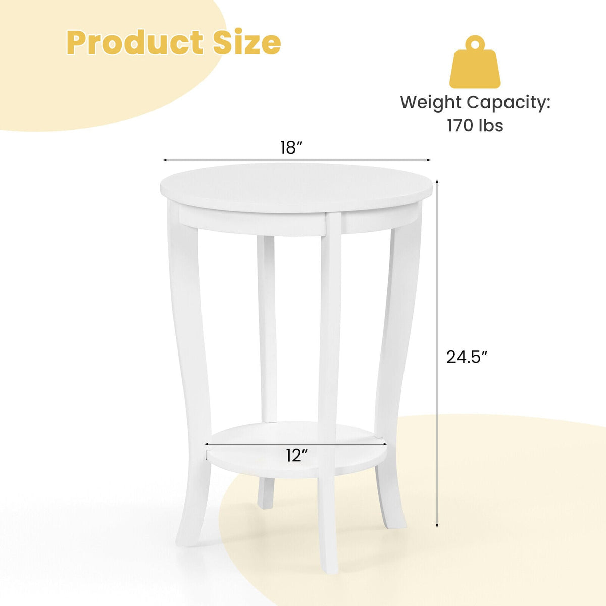 2-tier Round End Table with Solid Wood Legs-White-End & Side Tables-DECOROLALA
